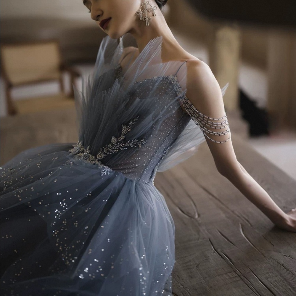 Ballgown Reception Dress with Beaded Off-Shoulder and Ruffles‎